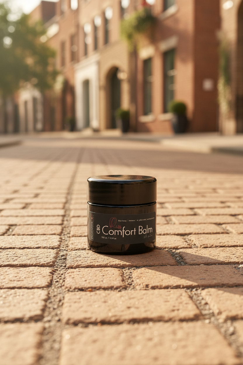 Jar of CBD Comfort Balm on a textured surface