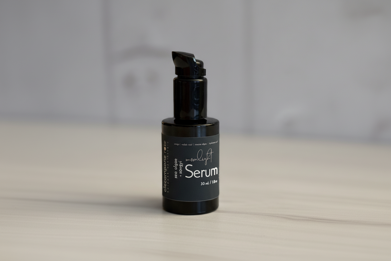 Black serum bottle with label on a neutral background
