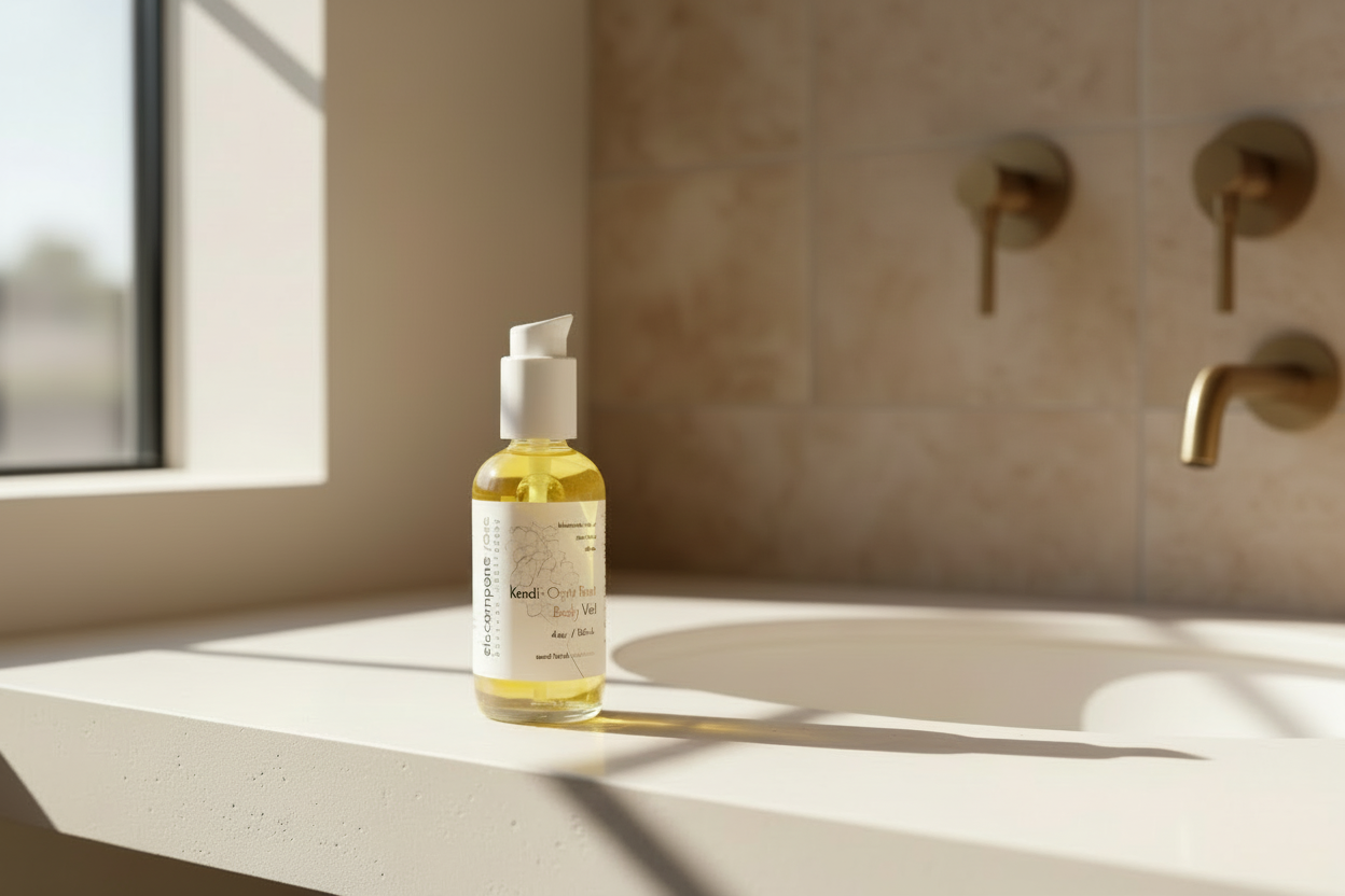 Bottle of skincare product on a windowsill with natural light