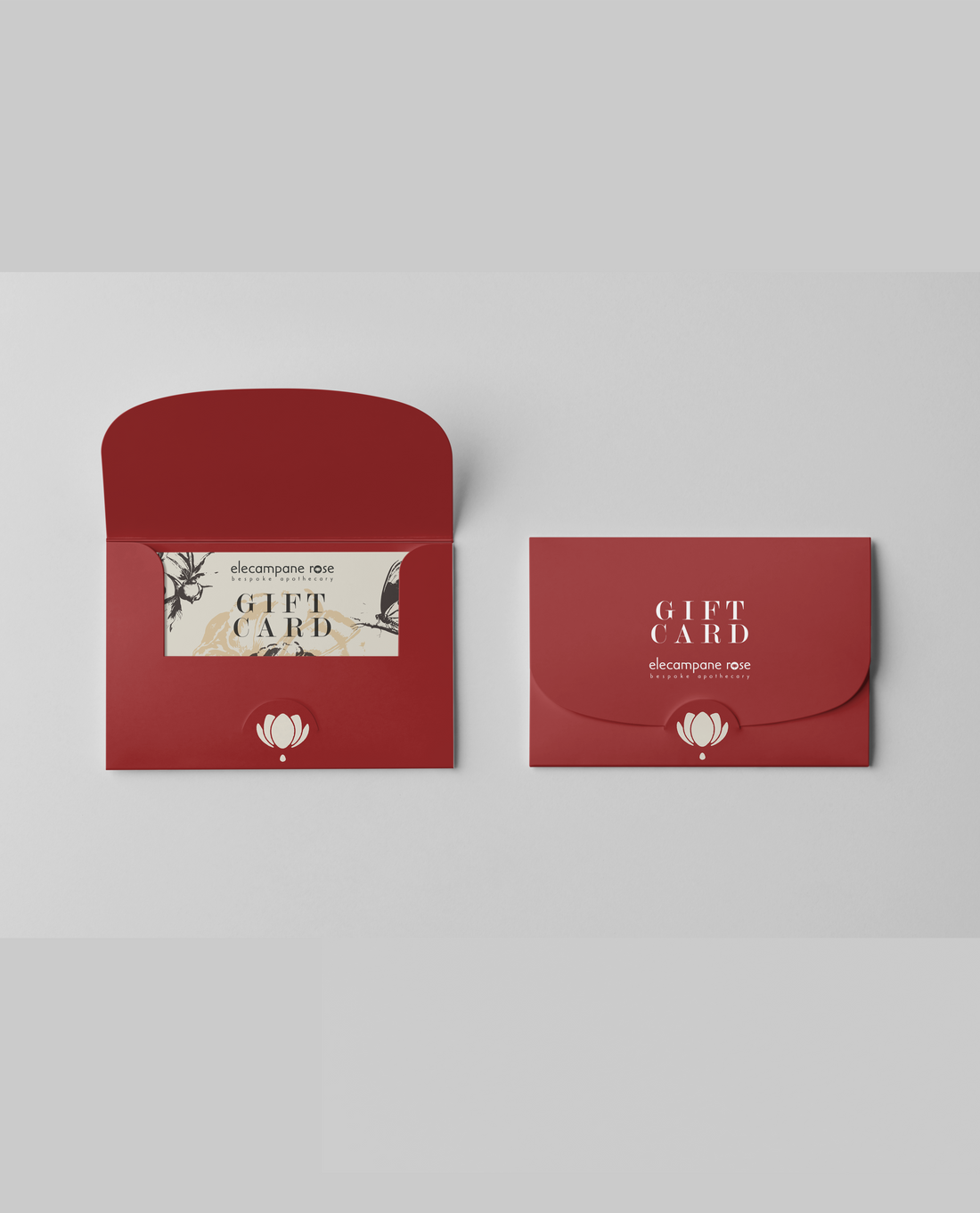 Gift card holder open on left and closed on red in a red and beige color scheme.