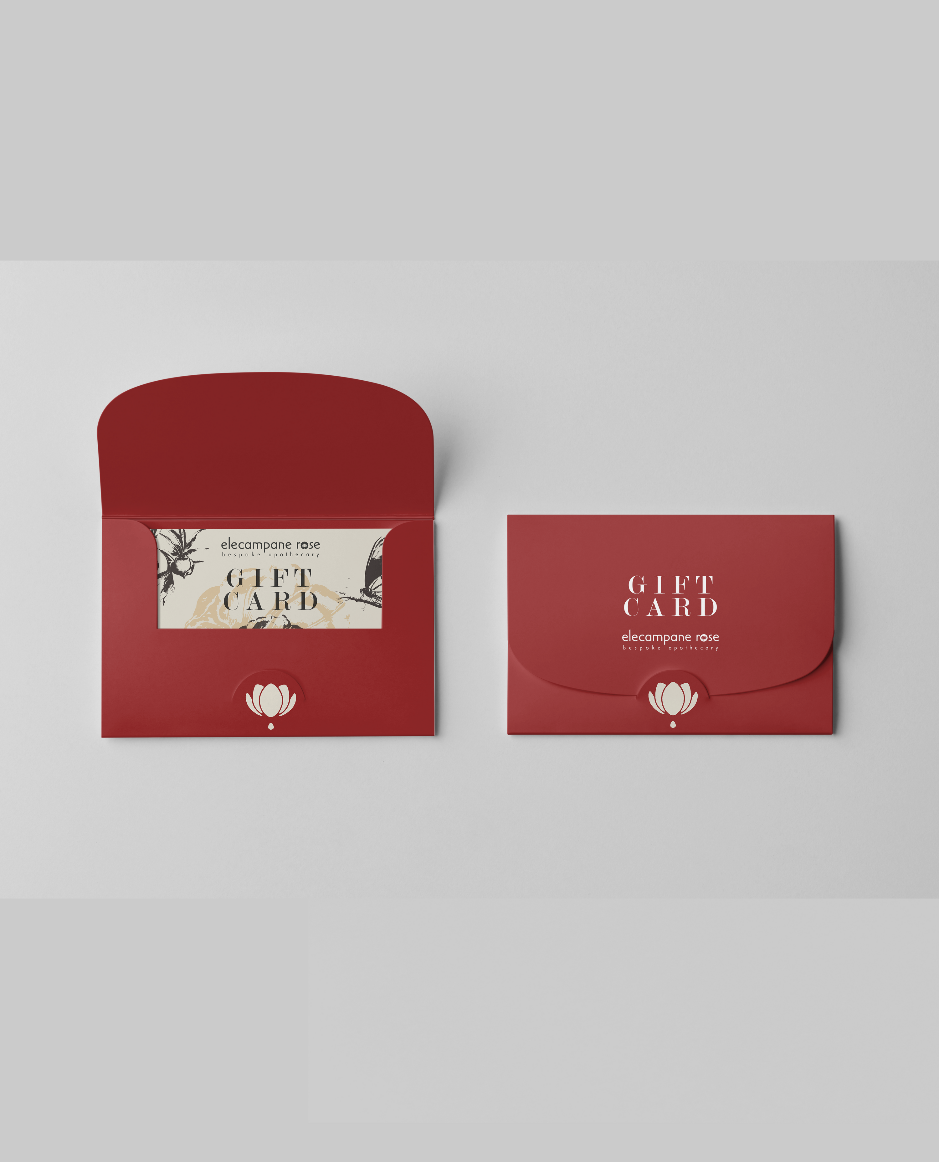 Gift card holder open on left and closed on red in a red and beige color scheme.