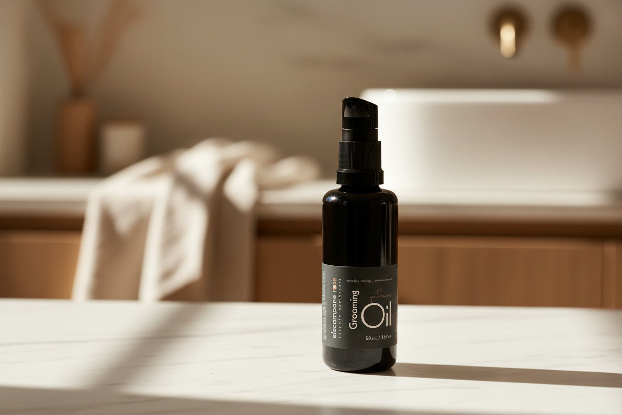 Black bottle of grooming oil on a light wooden surface with a neutral background