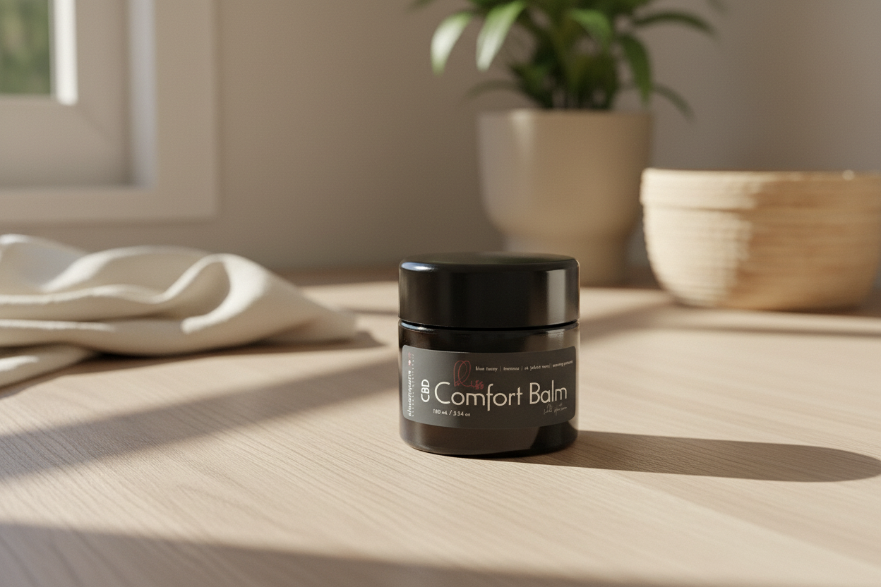 Jar of CBD Comfort Balm on a textured surface