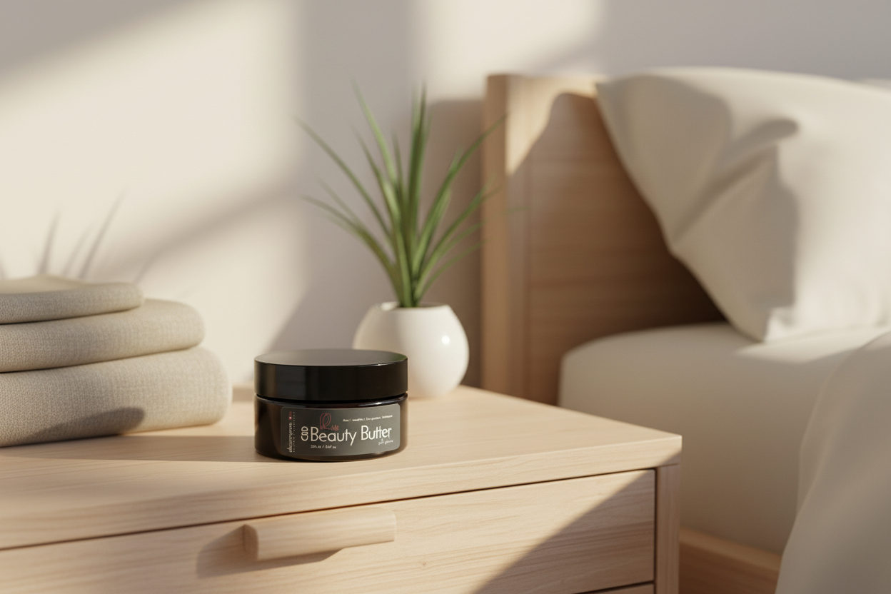 Jar of CBD Beauty Butter on a neutral background