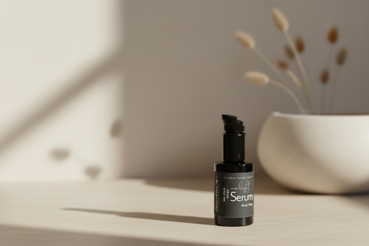 Black serum bottle with label on a light wooden surface