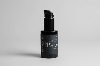 Black serum bottle with label on a light background